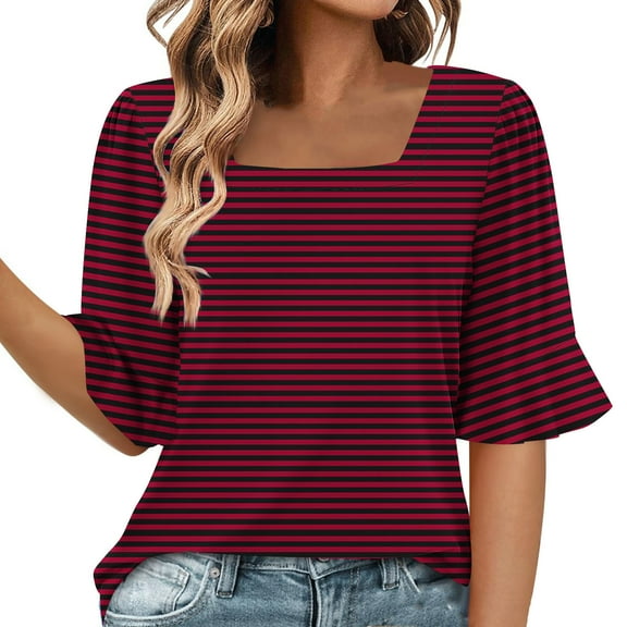 ZQUUVOU Womens T-Shirts Stripe Ruffle Short Sleeve Square Neck Tops(Red,XL)