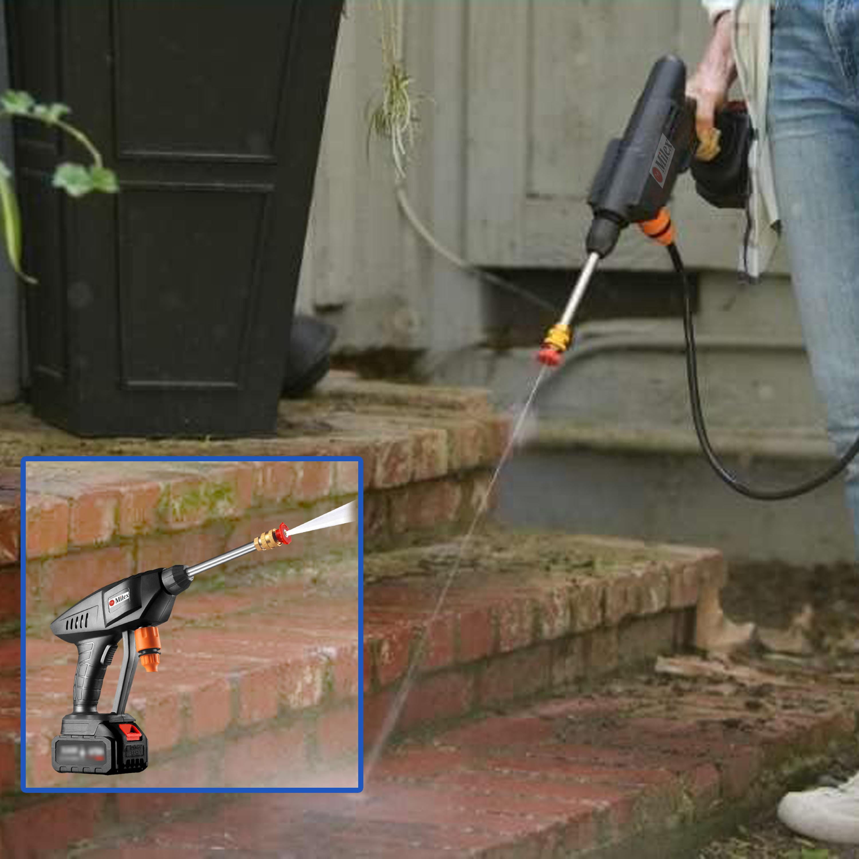 Milex Insta Blast Cordless Portable Pressure Washer, 120 PSI Handheld Power Cleaner with Rechargeable Battery, Foam Sprayer & Multi-Nozzle for Cars, Bikes, Patio & Outdoor Cleaning