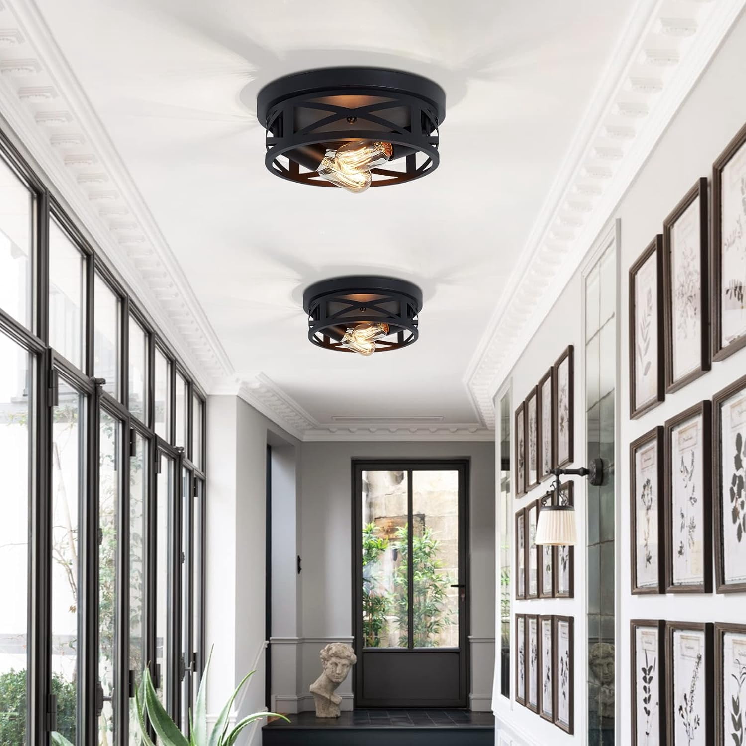 2 Pack Black Flush Mount Ceiling Light,Industrial Farmhouse Metal Cage Black Light Fixtures Ceiling Mount for Kitchen Entryway Hallway E26 Base