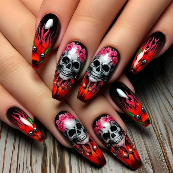 Skull Flower Pattern Artificial Nails Easy Application Comfortable Wear Fake Nails For Halloween Themed Occasion