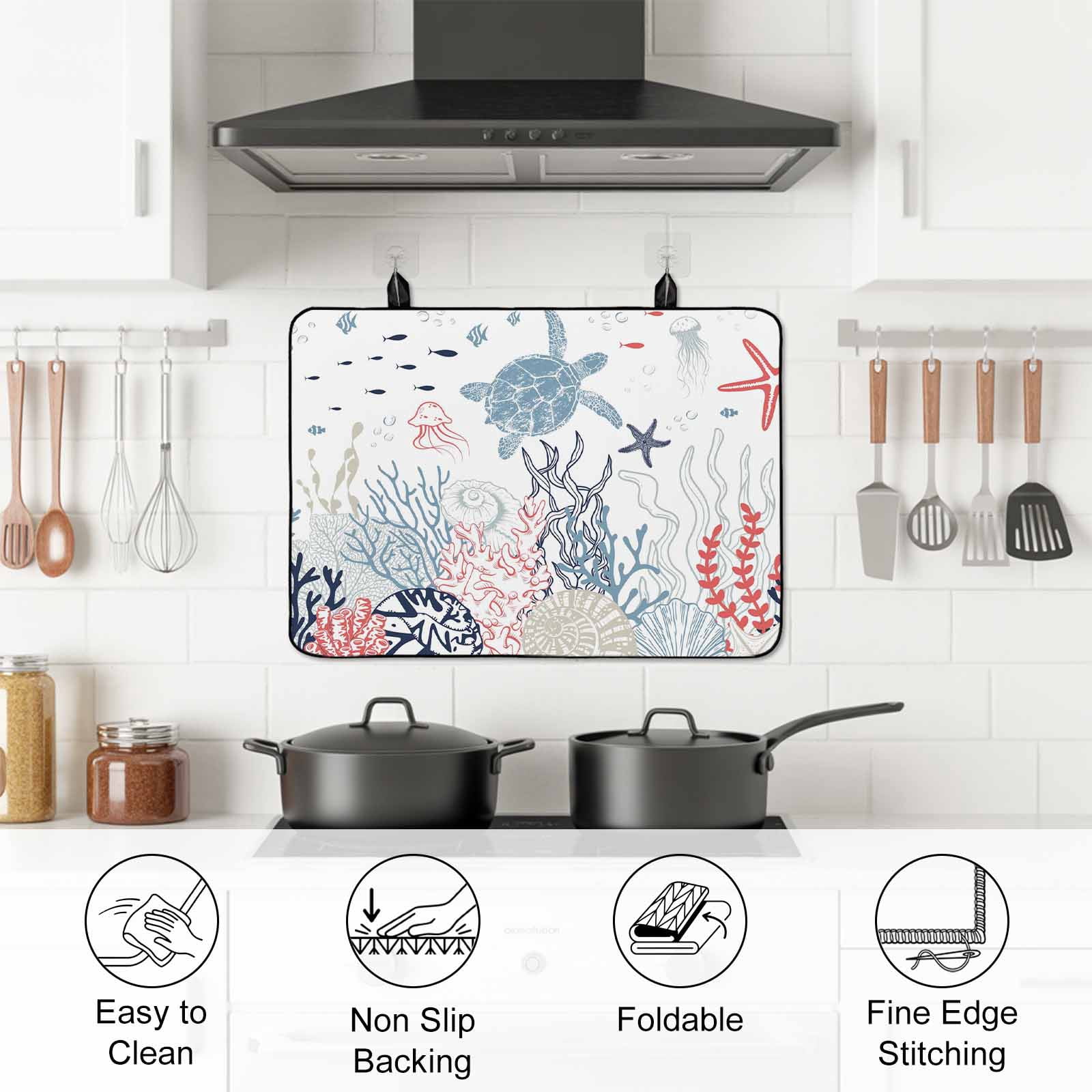 Navy Blue Coastal Stove Top Cover for Electric Stove, Heat-proof & Non Slip Glass Top Stove Cover Protector, Coral Turtle Starfish Jellyfish Kitchen Flat Cooktop Rubber Mat 31x24 Inches