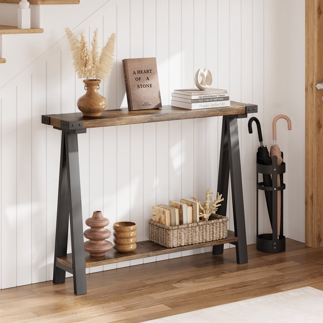 2-Tier Sofa Table, Entryway Table with Storage Shelf, Metal Frame, Farmhouse Console Table, Multipurpose Accent Furniture for Living Room Bedroom Couch Hallway