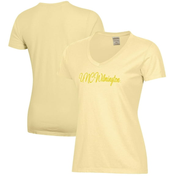 Women's  Gold UNC Wilmington Seahawks Script Logo Comfort Wash V-Neck T-Shirt