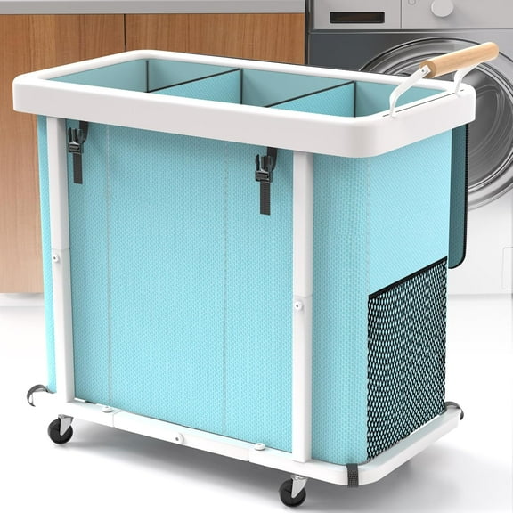 230L (60 Gal) Extra Large Fashion Laundry Sorter 3 Section with Lid, Rolling Laundry Basket Hamper with Handle, Laundry Organizer Storage Cart with Sturdy Metal Frame for Laundry Room,Hotel - Blue