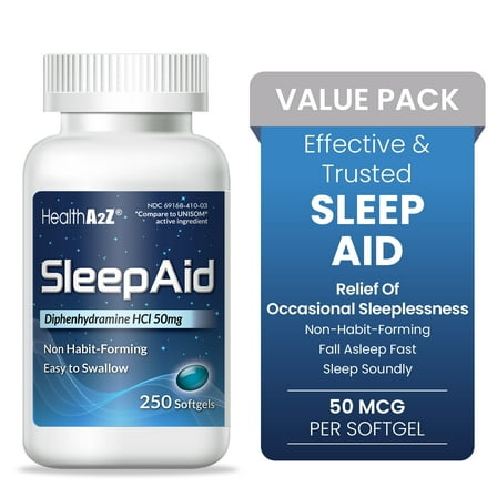 HealthA2Z Sleep Aid, Diphenhydramine Softgels, 50mg, Supports Deeper, Restful Sleeping, Non Habit-Forming