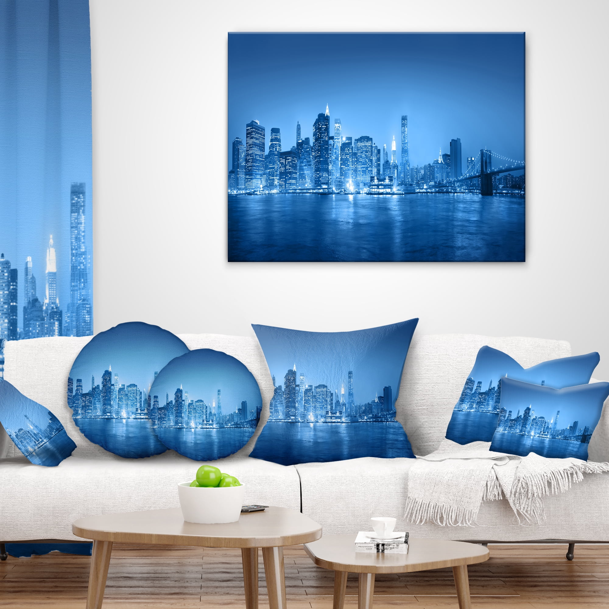 Designart Blue Panorama of New York City - Cityscape Throw Pillow - 12x20