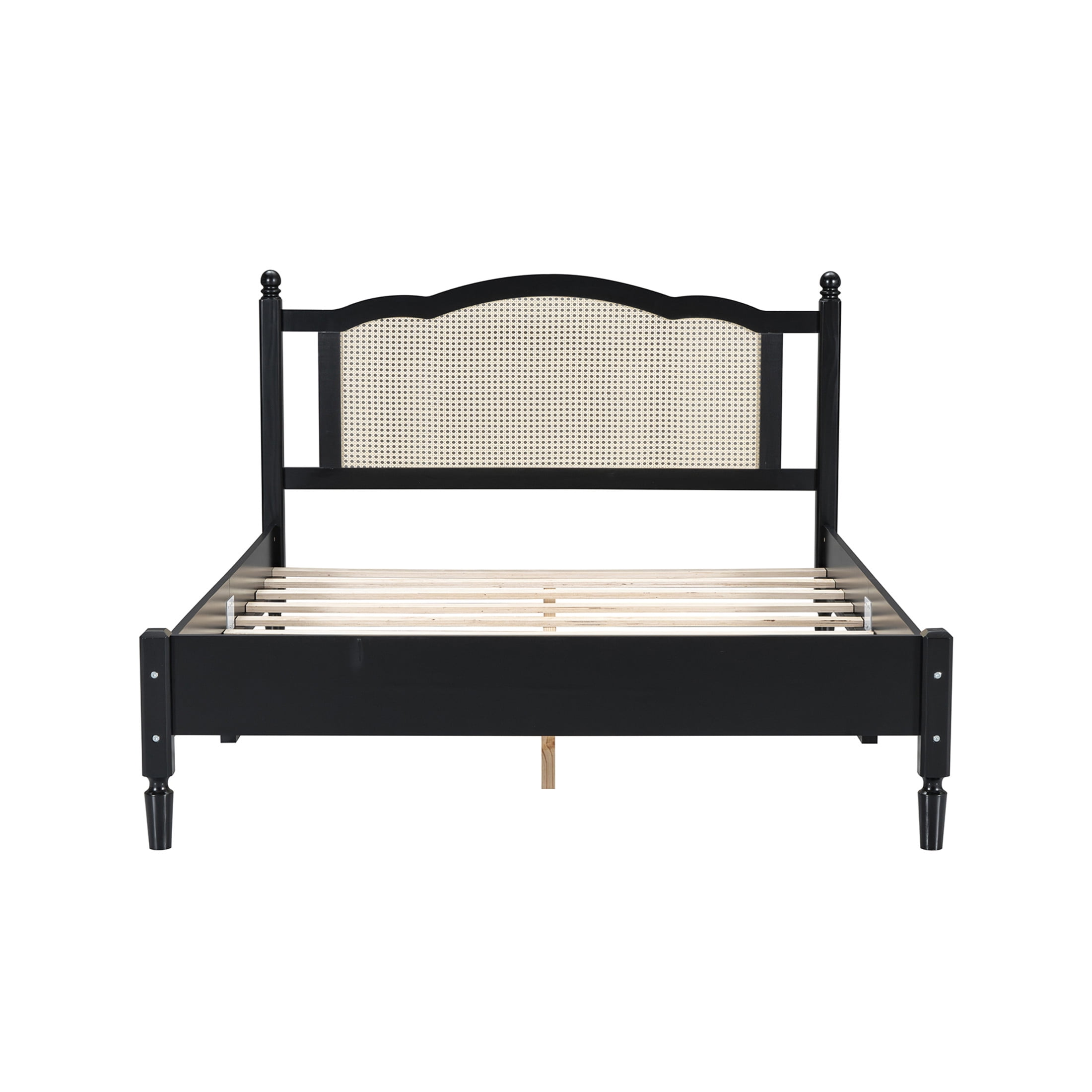 Noble House Queen Size Wooden Platform Bed with Natural Rattan Headboard,Wooden Slat Support,Black