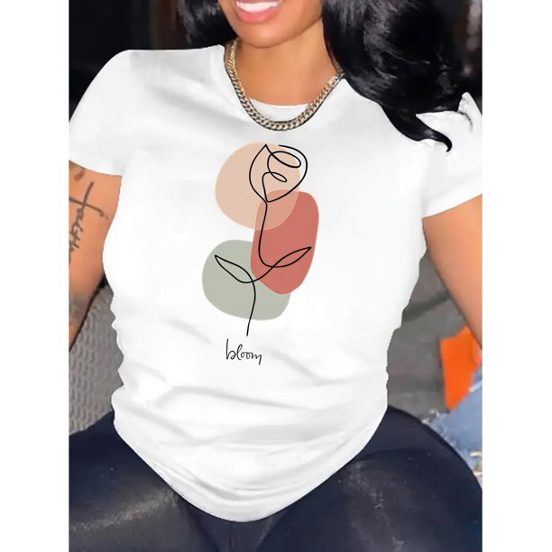Women's Floral Graphic Tee - Casual Round Neck Short Sleeve T-Shirt with Rose Print, Soft Polyester Fabric, Comfortable Summer Top for Casual Attire, Ladies T Shirts