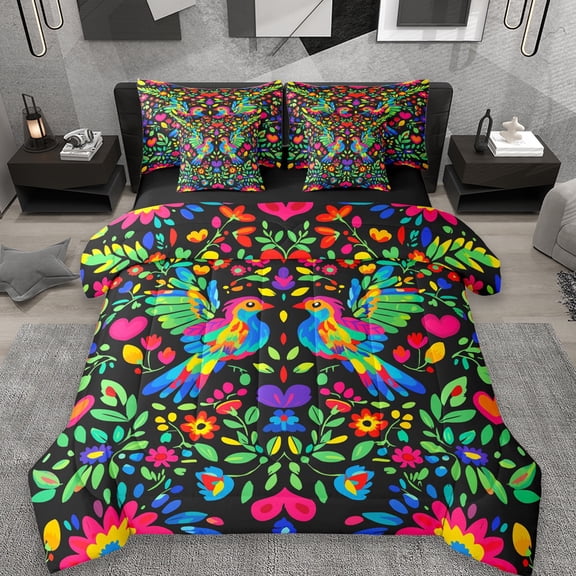 Erosebridal Rainbow Hummingbird 7-Piece Twin Bedding Sets,Colorful Plant Flowers Blossom Bedding Comforter Set,Reversible