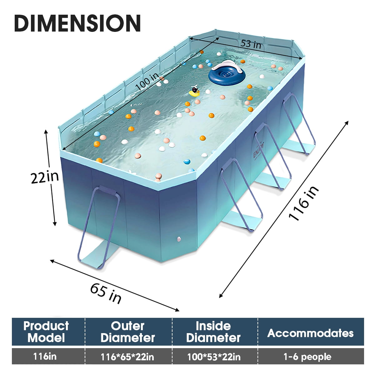 Jonster Upgraded Foldable Swimming Pool, Metal Bracket Non-Inflatable Outdoor Above Ground Pools for Kids Adults, 116in