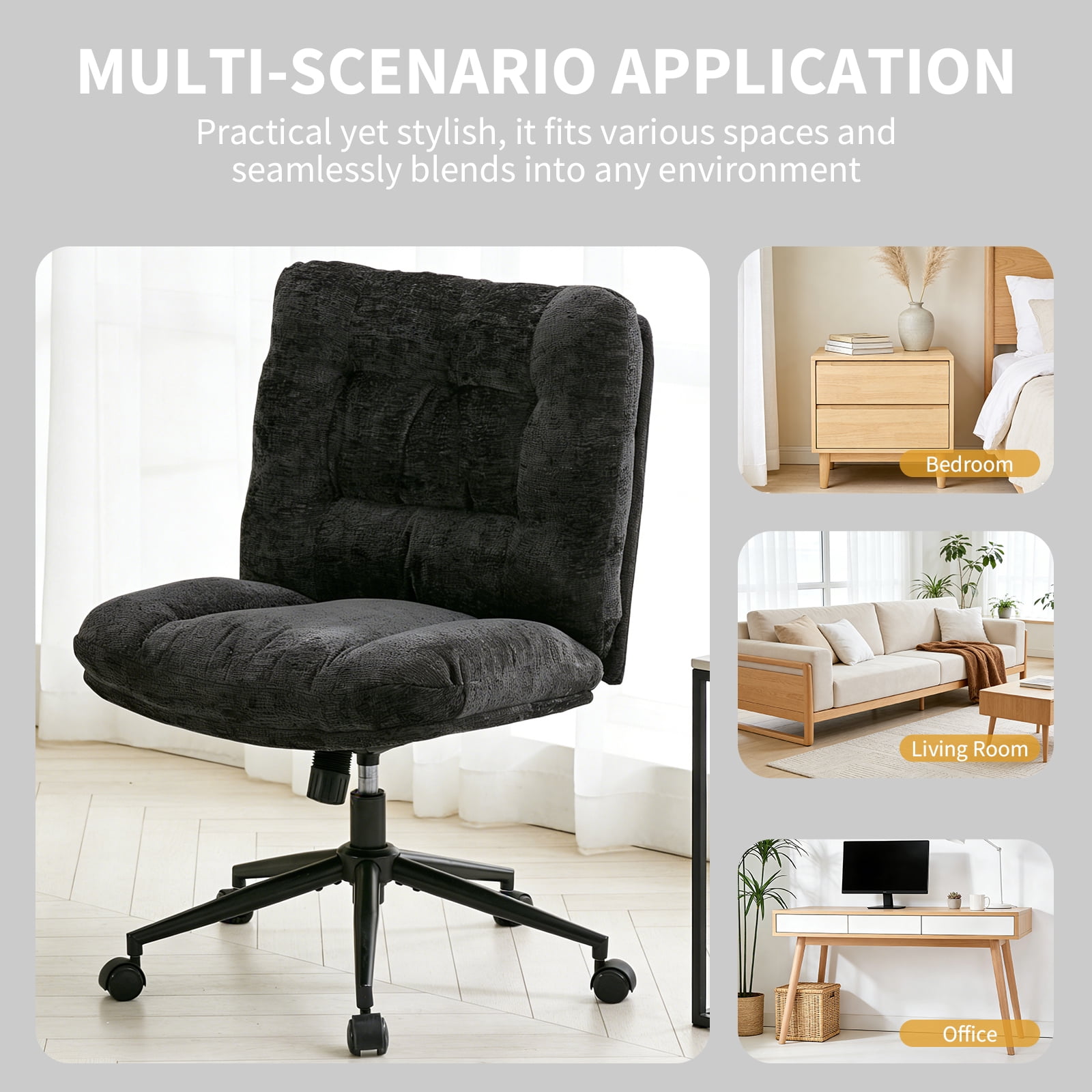 Soft Chenille Cross-Legged Office Chair,Wide Seat Armless Desk Chair with Double Cushion, Swivel Adjustable Vanity Chair for Bedroom, Home Office,Black, EliteEdge