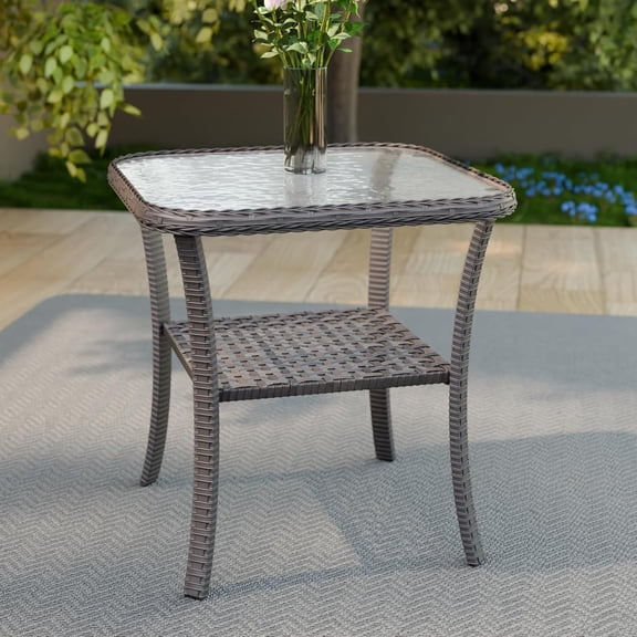 INTER HUT Outdoor Woven Rattan Coffee Table with Tempered Glass, Wicker Side Table with Storage, Brown