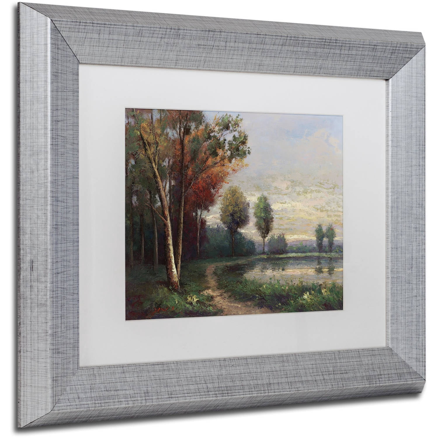 Trademark Fine Art "Landscape with a Lake" Canvas Art by Daniel Moises, White Matte, Silver Frame