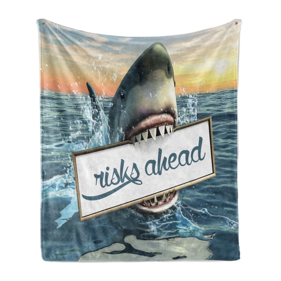 Shark Soft Flannel Fleece Throw Blanket, Dangerous Big Fish Holding Risks Ahead Lettering Plaque with Sharp Teeth in Ocean, Cozy Plush for Indoor and Outdoor Use, 50" x 70", Multicolor, by Ambesonne