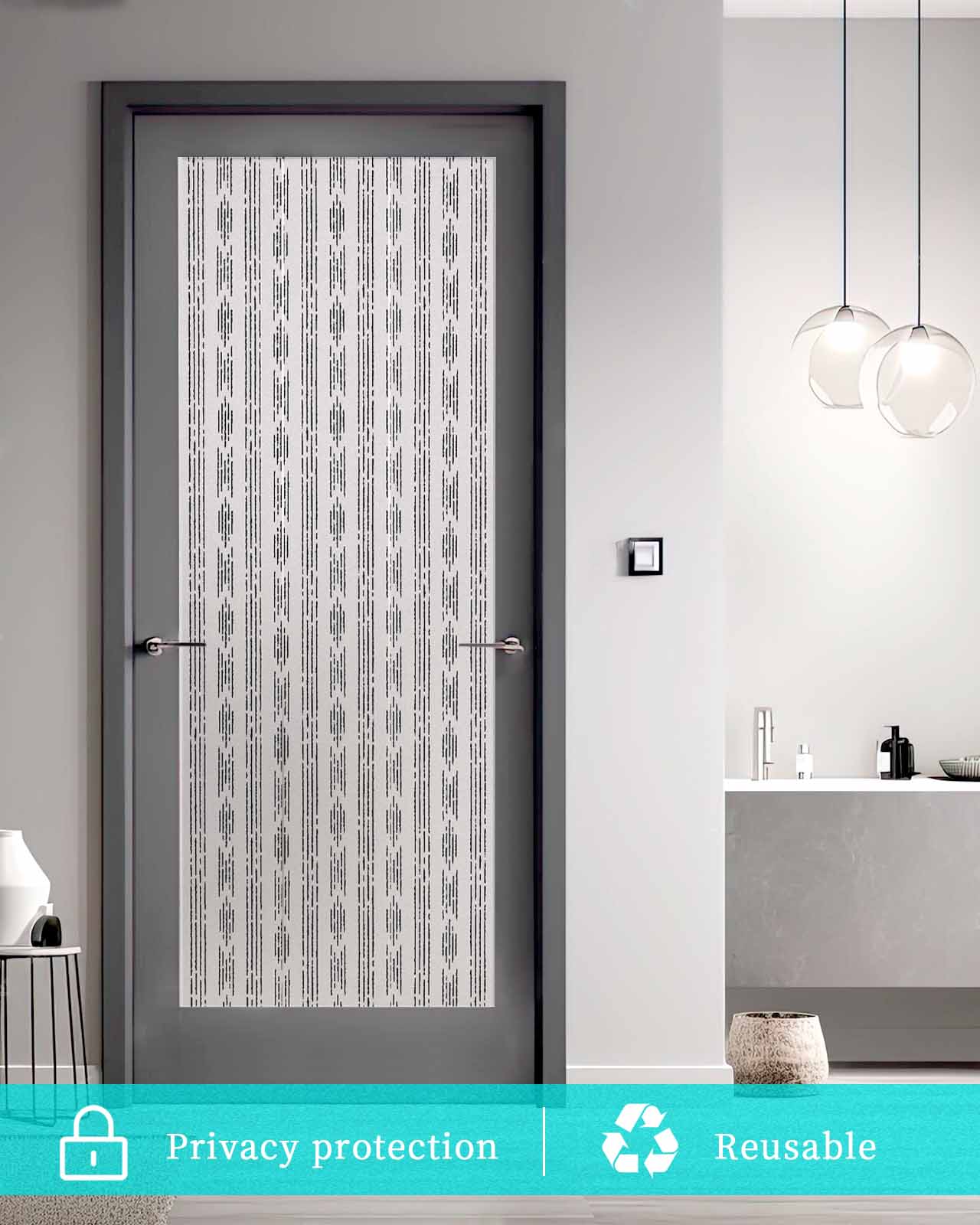 Window Privacy Film, Boho Black Stripes UV Sun Blocking Window Tint Film Heat Control One Way Blackout Window Film, Modern Bohemian Grey Art Texture Non Adhesive Static Cling Sticker 35.4x78.7 In