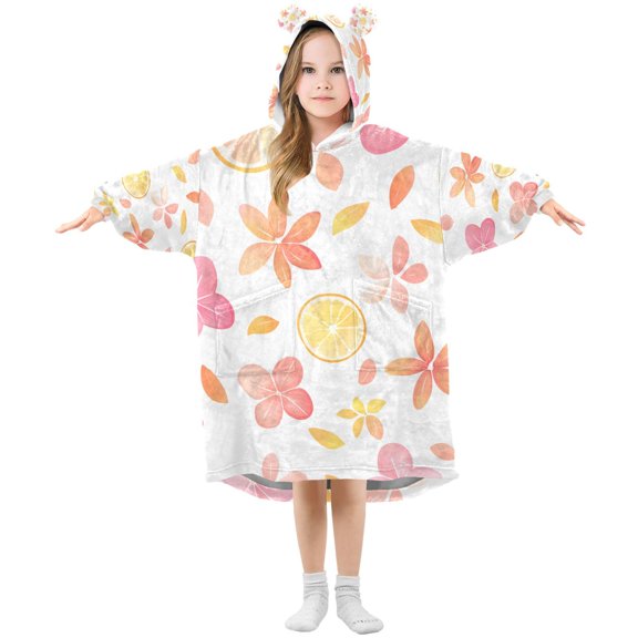 FORMRS Wearable Blanket Hoodie with Sleeves for Kids Cozy Flannel Sweatshirt, White Floral Orange