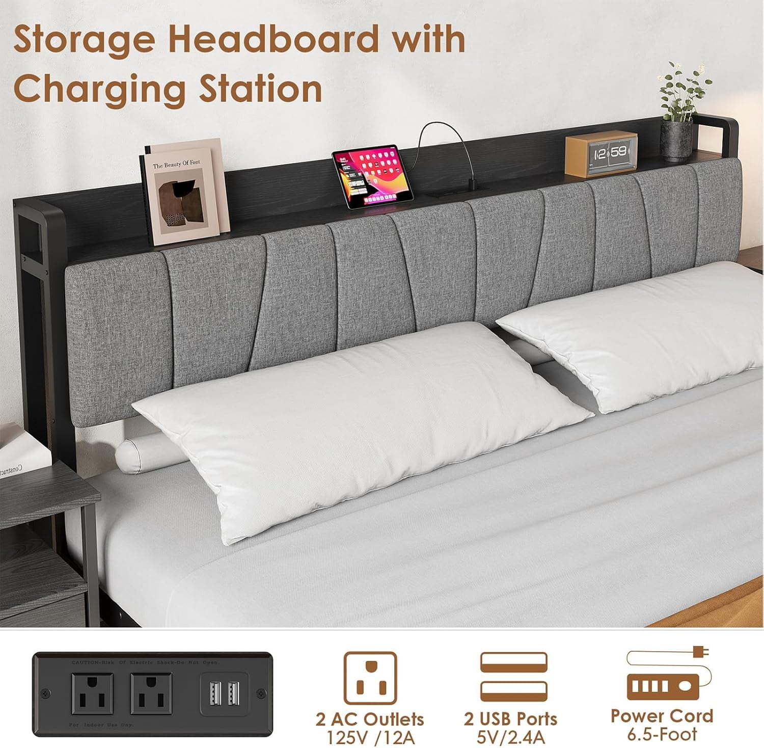 Yesurprise King Size Bed Frame with Storage Headboard, Industrial Full Platform Bed with 2 Large Drawers and Charging Station, No Box Spring Needed Noise Free