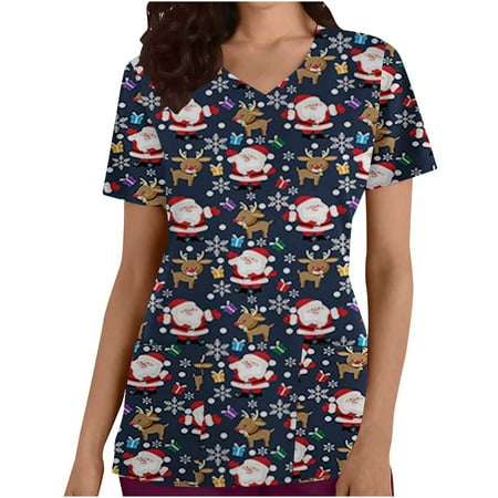 

JWZUY Women s Working Christmas Uniform Tops with 2 Pockets V-Neck Short Sleeve Printed Tunic Working Uniform Loose Career Shirts Scrubs Tops with Pockets (Blue M)