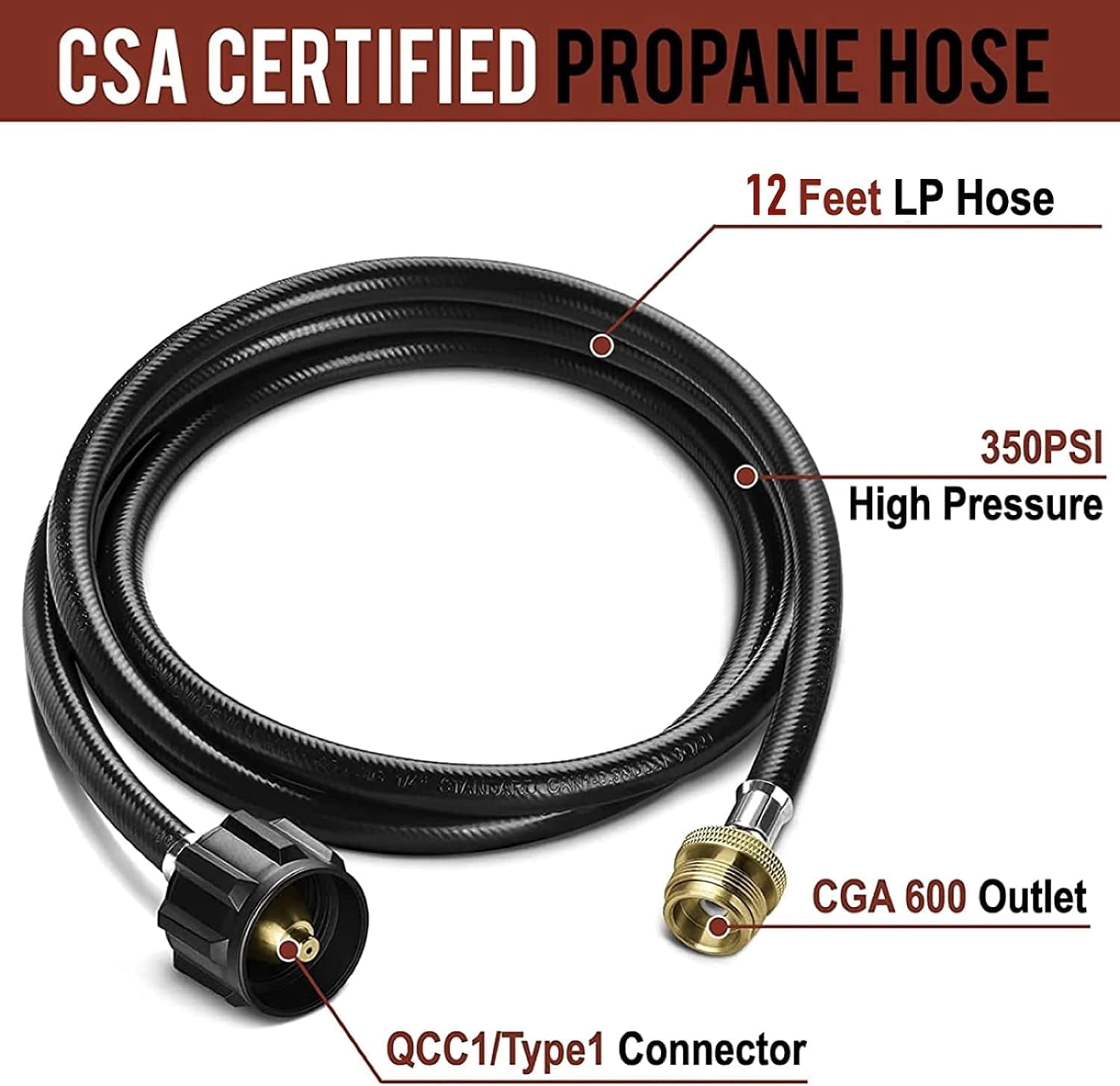 PatioGem Propane Hose, 12ft Propane Tank Hose, Propane Adapter Hose, Propane Hose Adapter 1lb to 20lb, Propane Grill Hose fit for Weber/Coleman/Blackstone Grill, Buddy Heater, Smoker, Camping Stove