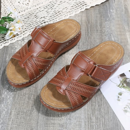 

Leather Slipper Summer Comfortable Vintage Casual Beach Open Toe Slip on Mules Wedge Sandals