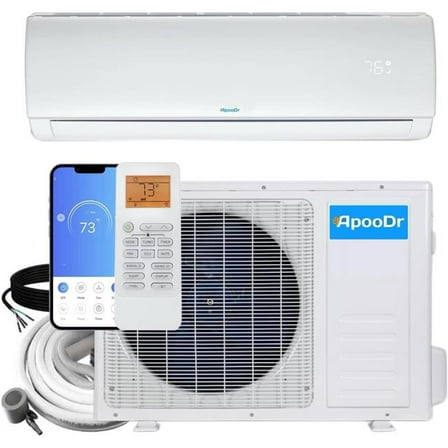 ApooDr AES19-09H220V1B ApooDr 9,000 BTU 19 SEER2, 230-Volt, 400-Sq.Ft Ductless Mini Split Air Conditioner with Heat Pump, Wi-Fi, 16Ft. Lineset