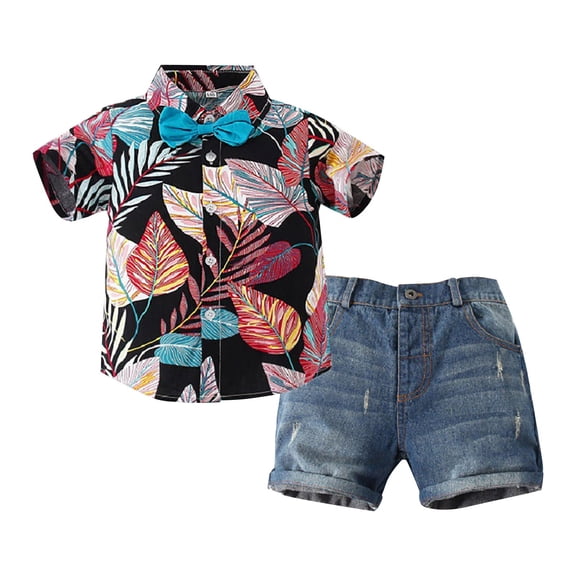EnJoCho Boys Casual Summer Shorts Set Boys Short Sleeve Shirt And Shorts Suit Toddler Boys Print Top With Bow Tie And Denim Shorts Boys' Summer Gentleman's Suit