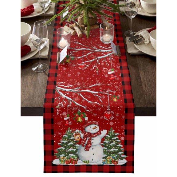 Christmas Table Runner Snowman Xmas Tree Table Runners Gift Box Bells Candy Canes Cotton Linen Dresser Scarf Kitchen Dining Table Decor for Christmas Holiday Party Decor 13x90 Inch
