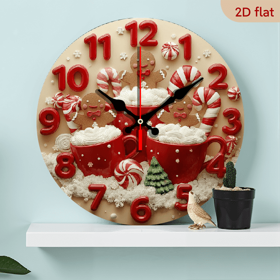2D Flat 1pc 10Inch Wooden Silent Non-Ticking Wall Clock - Round Clock with Gingerbread Cup Design, Christmas Candy Theme Decor, Red Gingerbread Men Cups, Battery-Powered (AA Not Included)