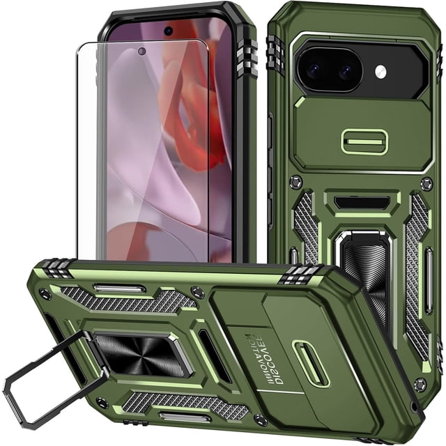 KOMI for Google Pixel 9a Case with Screen Protector and with Camera Cover, 360°Military Grade Rotatable Kickstand (Heavy Duty) Shockproof Protective, Case for Google Pixel 9a Army Green