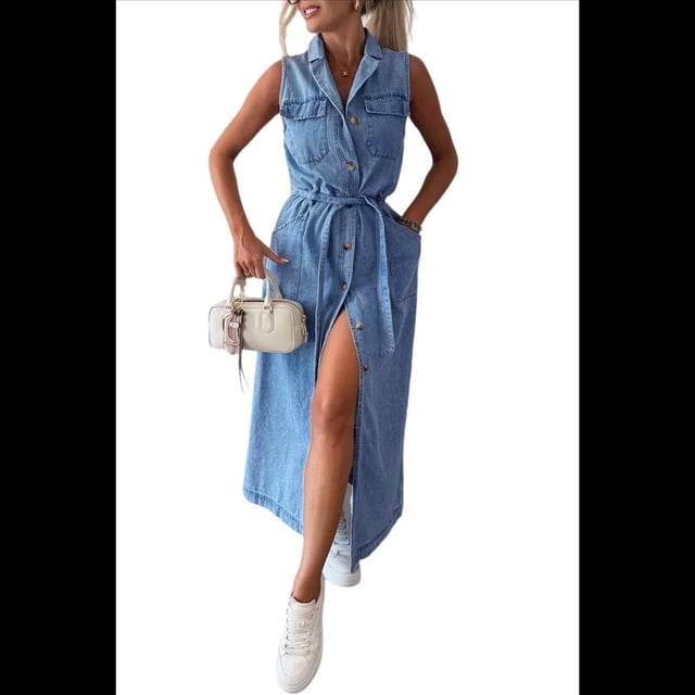 Vestido Camisero Vaquero Informal de Verano para Mujer, Sin Mangas, con Solapa, Botones y Cinturón, . Azul Oscuro M