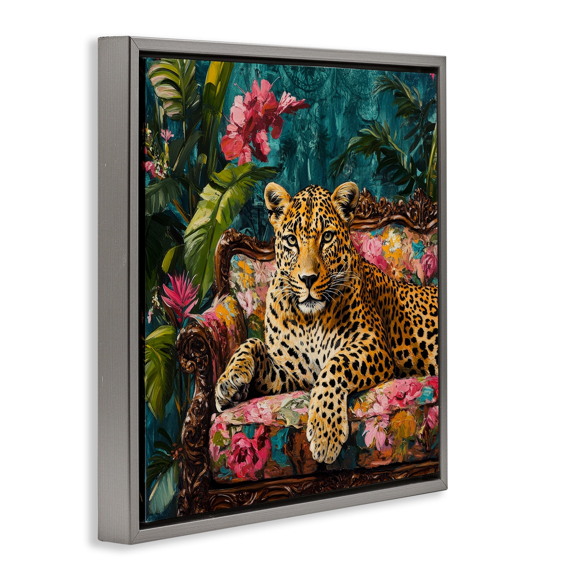 Stupell Industries Fashionable Leopard on Floral Sofa Gray Framed Floater Canvas Wall Art, design by Petal Prints Design