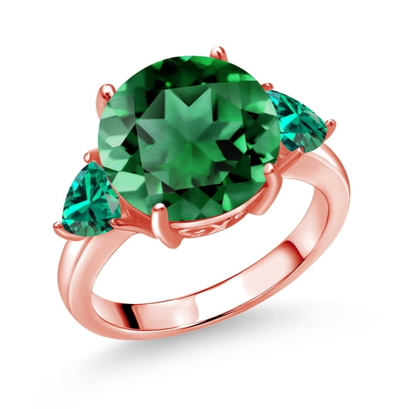 Gem Stone King 18K Rose Gold Plated Silver Green Nano Emerald 3-Stone Ring for Women (5.94 Cttw, Round 12MM, Trillion 5MM, Size 6)