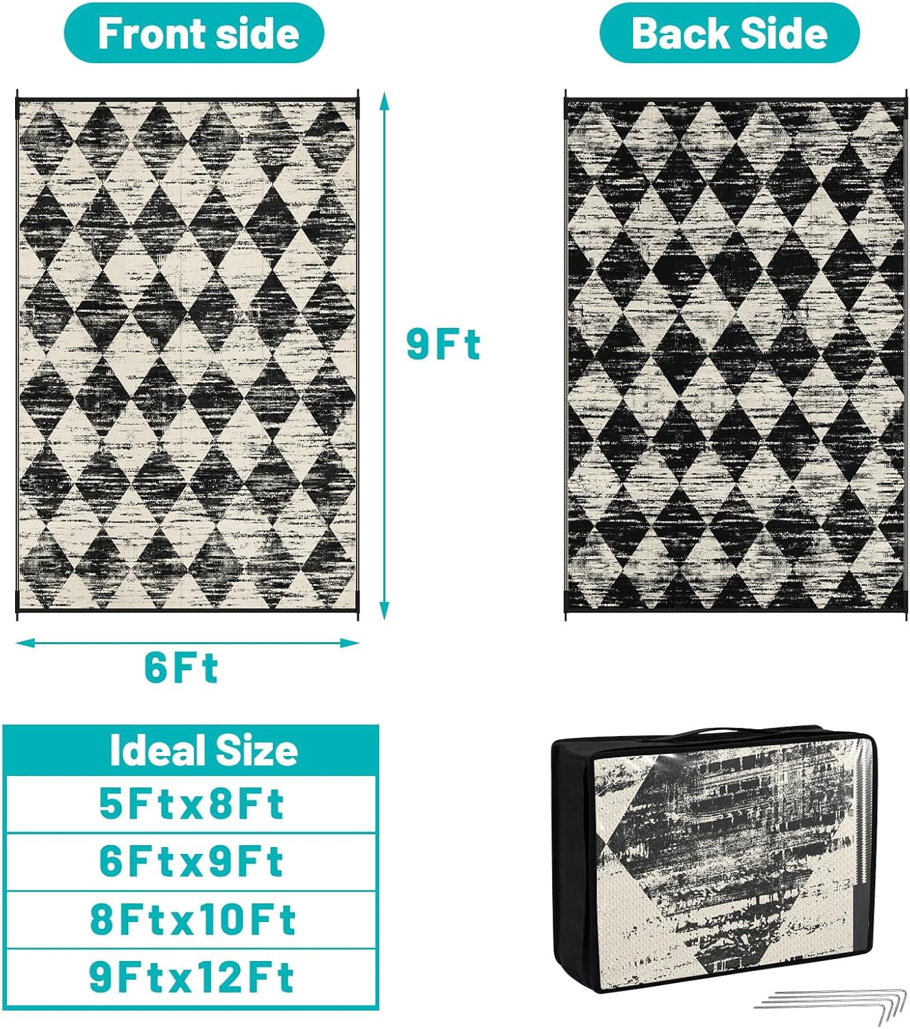 Findosom Outdoor Rug Waterproof 6'x9' Patio Rugs Foldable Reversible Camping Mat for RV,Deck,Porch,icnic,Beach,Balcony,Black & White