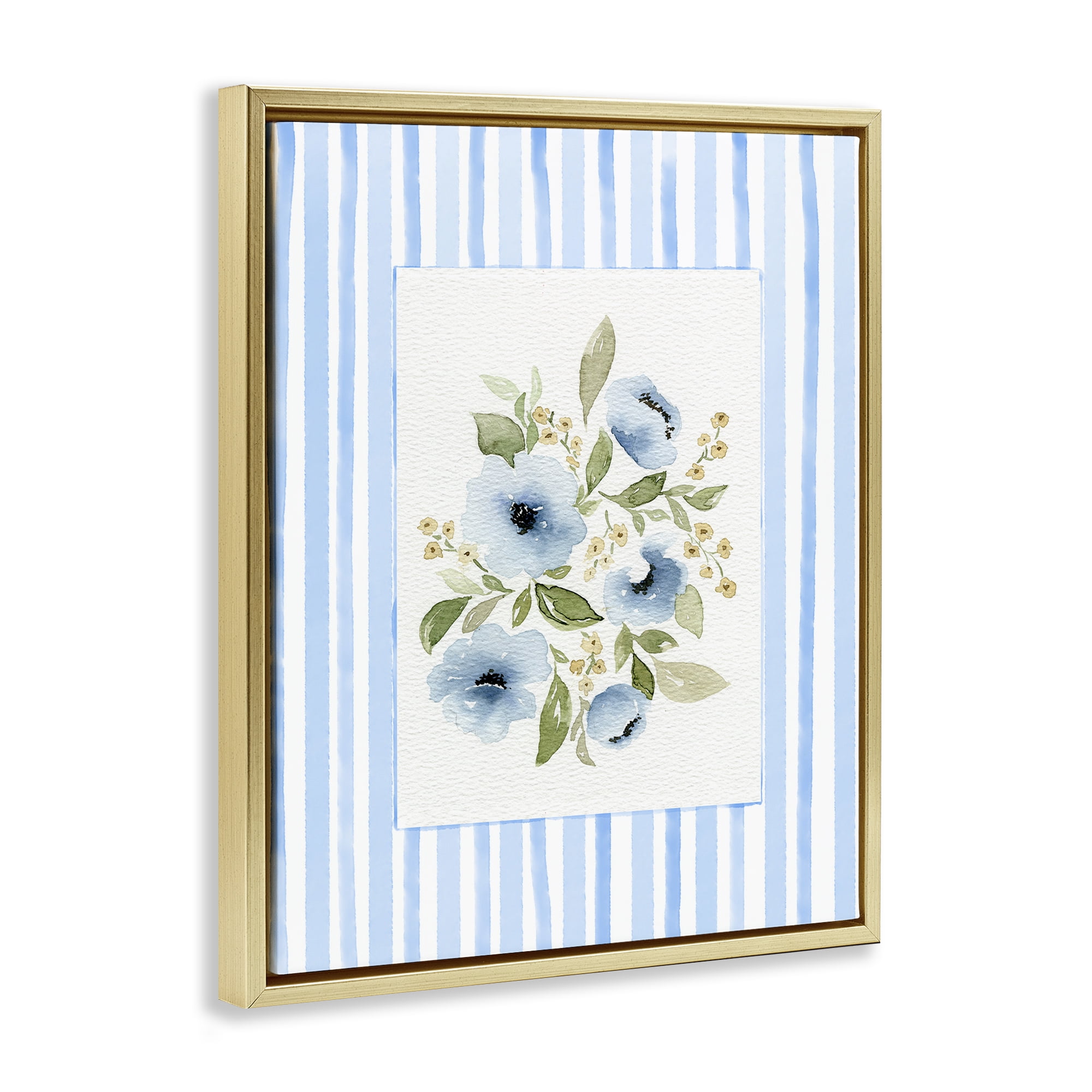 Stupell Industries Flowers with Blue Stripes Gold Framed Floater Canvas Wall Art, design by Leah Noel Art