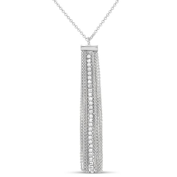 Sterling Silver Rhodium Plated Rolo Chain Diamond Cut Center Row Bead Tassel Necklace, 18"