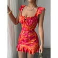 thumbnail image 3 of Hot Pink Off-Shoulder Ruffle Hem Floral Print Fitted Sleeveless Mini Dress With Tie Front, 3 of 7