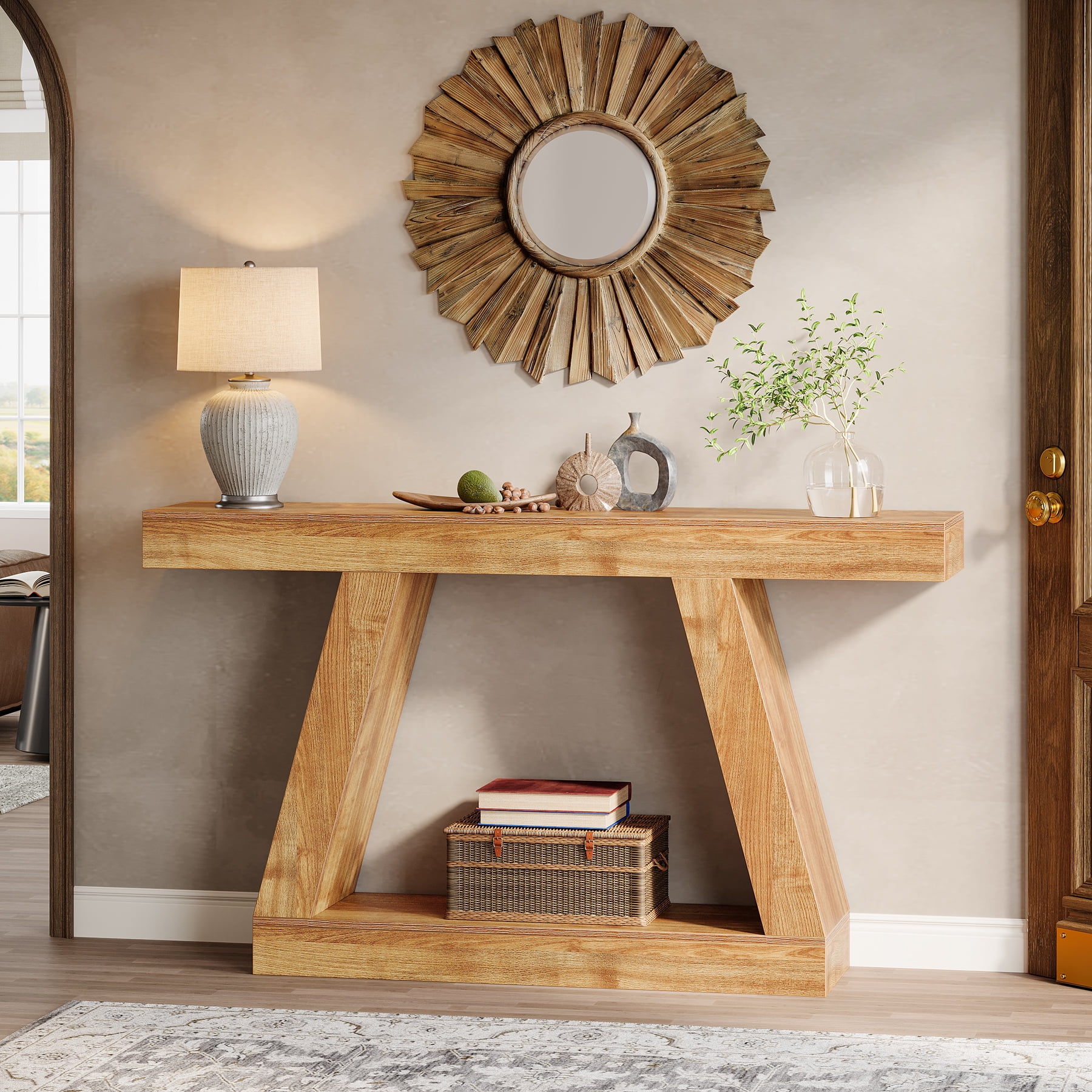 Finmind 55-Inch Farmhouse Console Table，2-Tier Wooden Entryway Table for Hallway, Natural