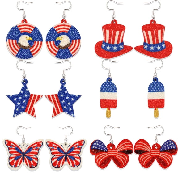 6 Pairs 4th of July Earrings Glitter Patriotic Earrings Memorial Day Earrings