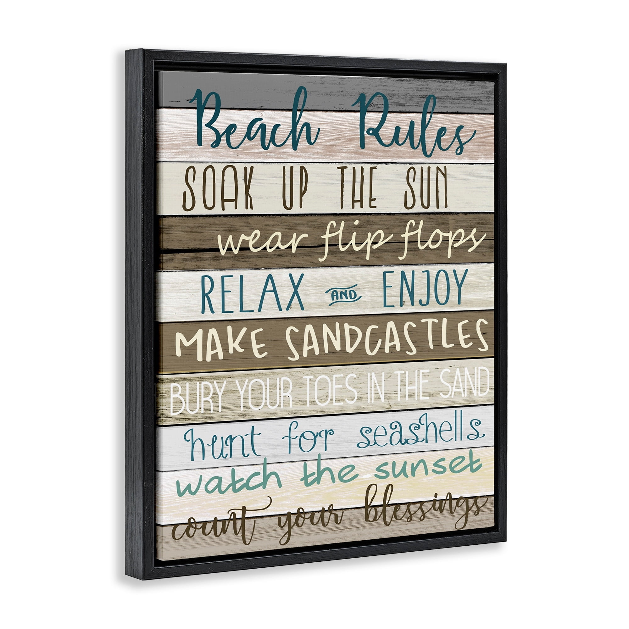 Stupell Industries Nautical Fun Beach Rules List Rustic Boardwalk Sign Jet Black Framed Floating Canvas Wall Art, 16x20, by Kim Allen