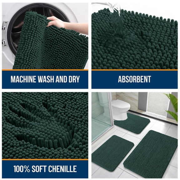 Bathroom Rugs Sets 3 Piece, Soft Absorbent Chenille Bath Mat and U-Shaped Contour Toilet Rug, Quick Dry, Home Decor Accessories, Bath Mat Set for Floor (30"x20" 24"x16" 24"x20", Blackish Green)