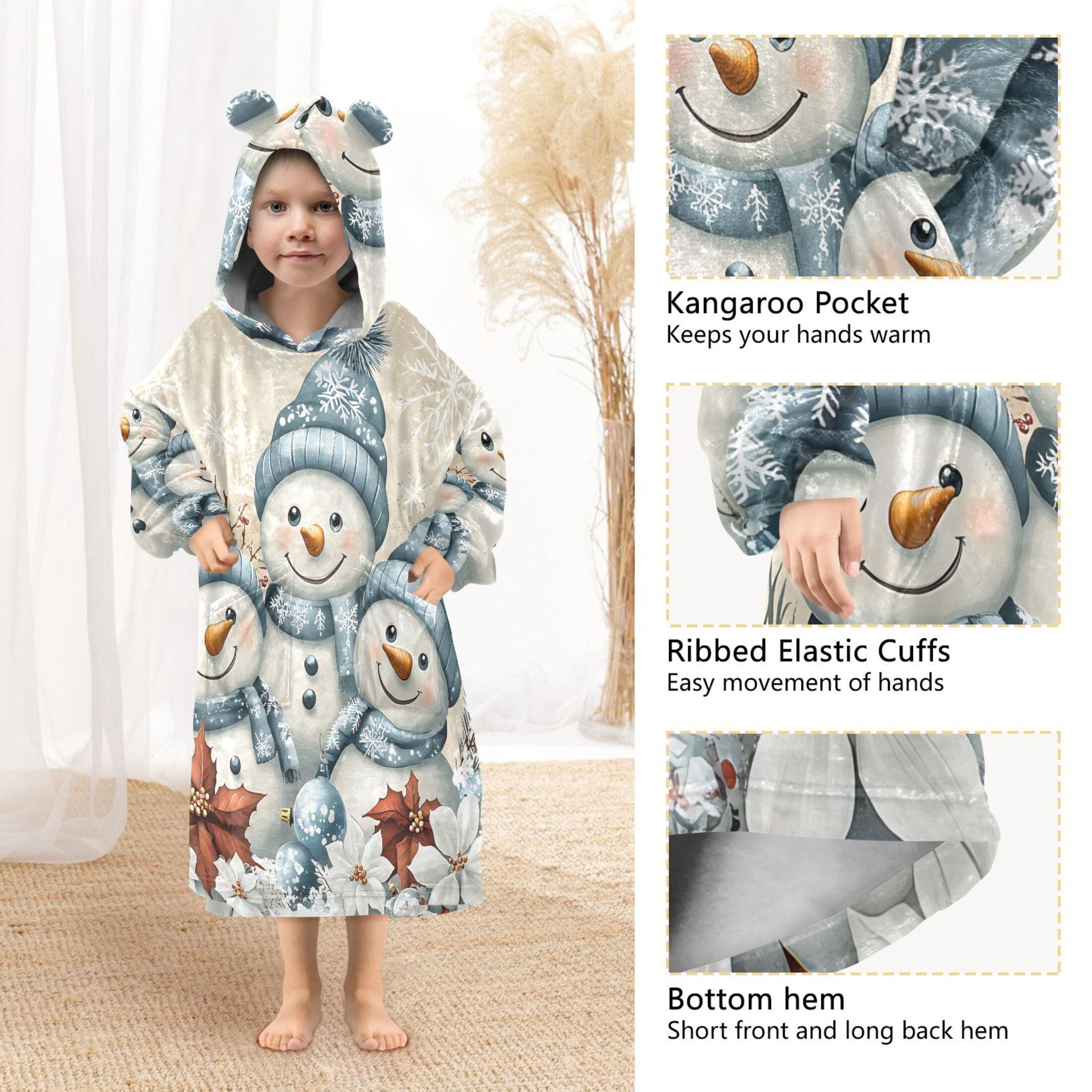 joogoo Wearable Blanket Hoodie Snowman Retro Poinsettia for Flannel Sherpa Pocket 3-14 YR S