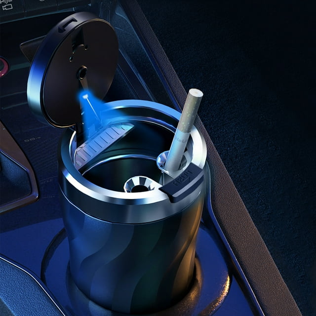 COFEST LED Light Press Open Cover Car Ashtray with Separable Design, Holds 60-80 Cigarettes, Smoke Locking, and Automatic Lighting Black