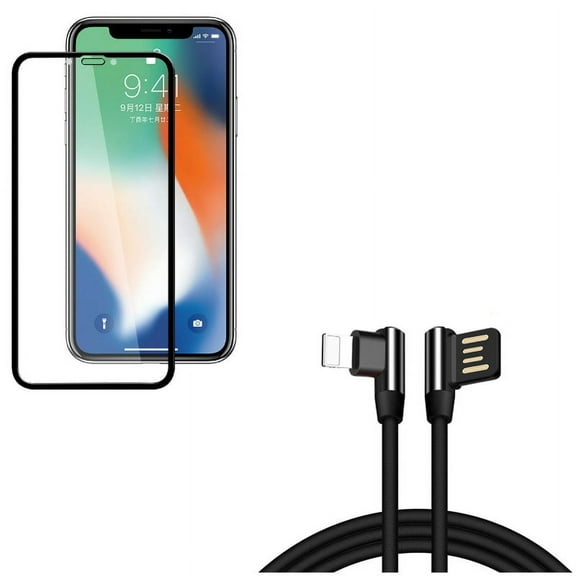 Angle USB Cable w Screen Protector for iPhone XR - 10ft Charger Cord Power Wire, Anti-Glare Tempered Glass Matte 3D