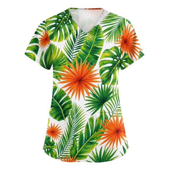 ASDFVBKG Scrubs Top for Women Short Sleeve V-Neck Working Top with Pocket Floral Print Plus Size 2026 Casual Workwear Scrub Top Army Green 2XL