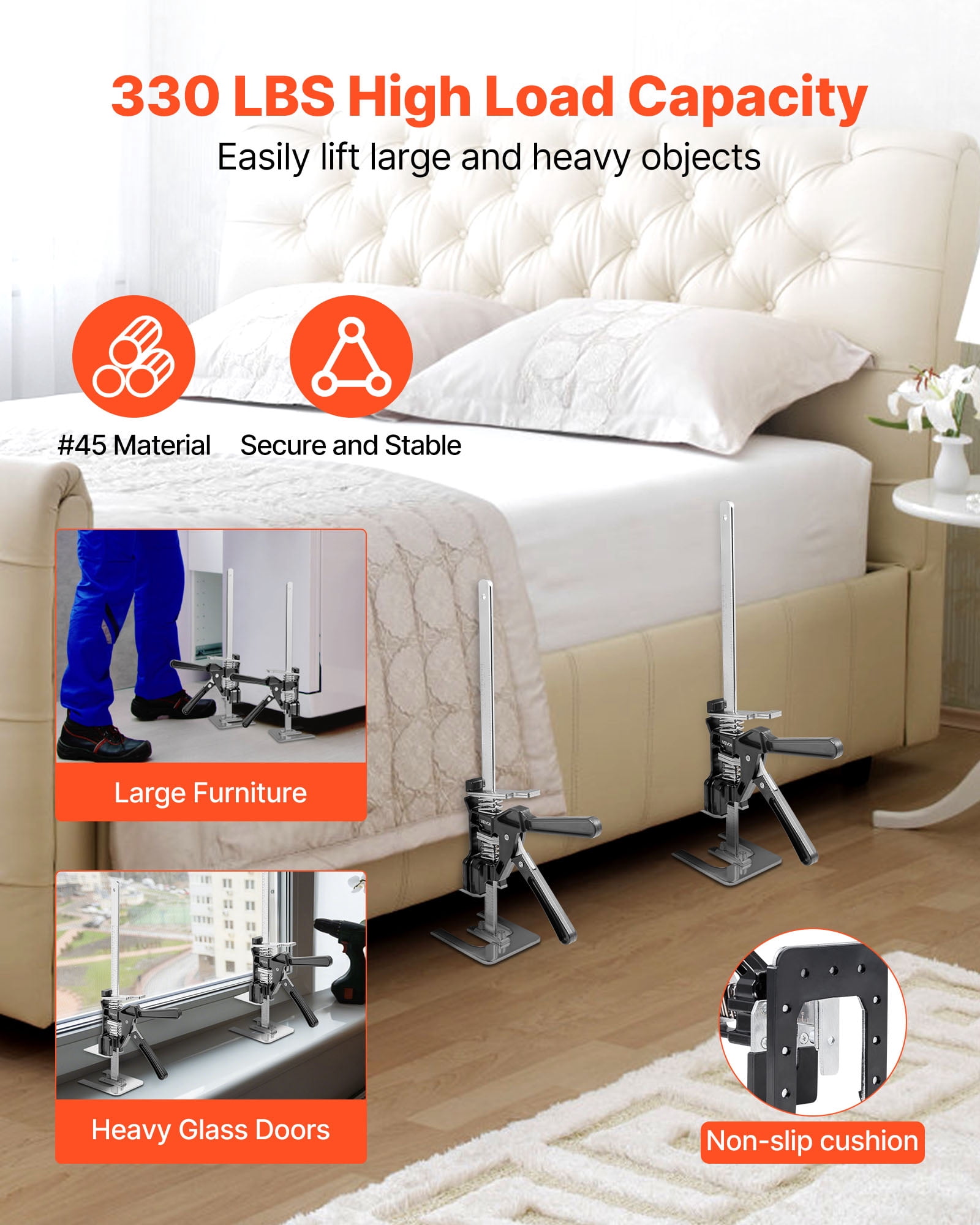VEVOR Labor Saving Arm Jack, 2 PCS 330 lbs Bearing Capacity, Lifting up to 9.8", Metal Hand Lifting Jack Tool with Magnetic Level, Adjustable Height, for Door, Window, Furniture, Woodworking, Black