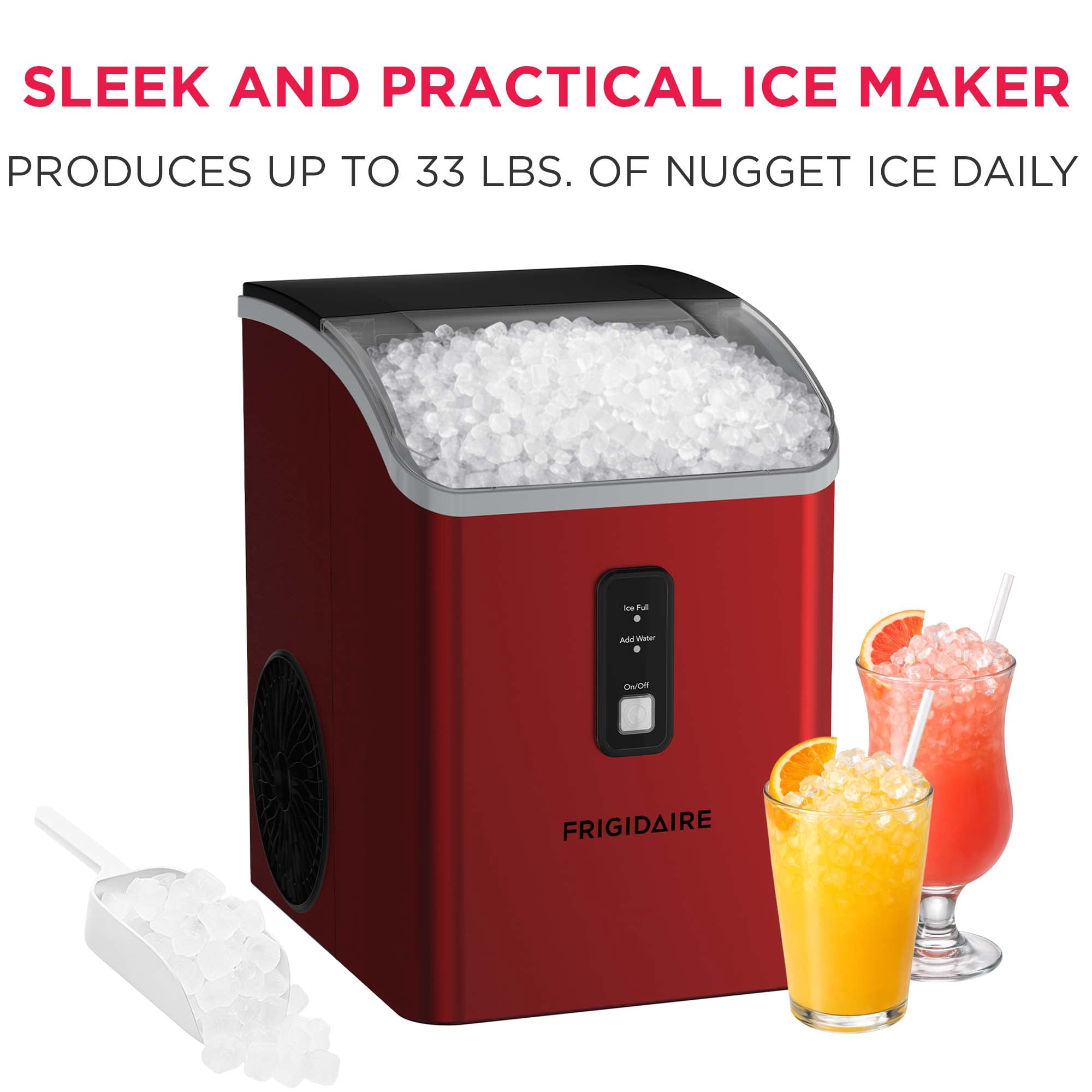 Frigidaire Nugget Ice Maker 33 Lbs, Red – Countertop Soft Pellet Ice Maker, Stainless Steel Ice Machine for Home, Kitchen, Bar