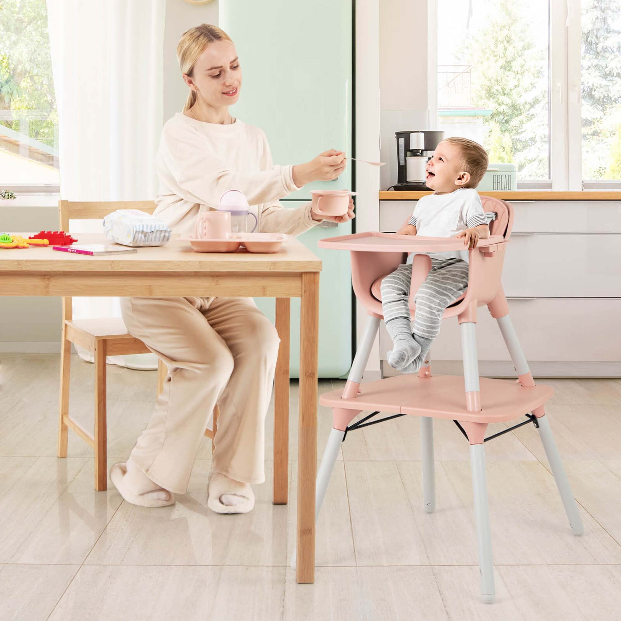 Babyjoy 4 in 1 Baby High Chair Convertible Toddler Table Chair Set with PU Cushion Pink