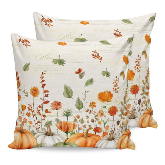 Pillow Covers 24x24 Set of 2, Orange Green Fall Throw Pillow Covers Decorative Couch Cushion Cover, Pumpkins Maple Leaf Thanksgiving Microfiber Soft Square Pillowcases for Bedroom Living Room Sofa
