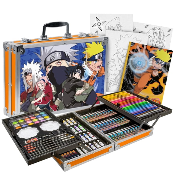 Berry Hip Maletín de Arte Profesional de Naruto, Set de 145 Pzas, Marcadores, Acuarelas, Pinturas Acrílicas, Lápices de Color, Crayolas, Pinceles, Sacapuntas y Bloc para Colorear, portátil