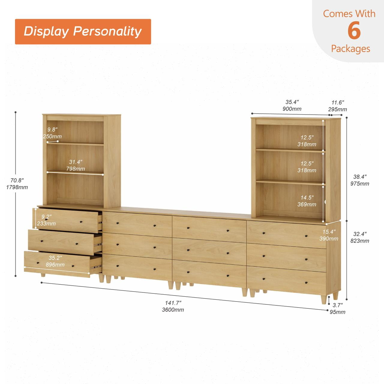 WAMPAT Entertainment Center and Side Table Set of 3, Modern Wooden TV Stand for 75" TV with Drawers and Open Shelves, 2 Charging End Tables for Living Room, Oak